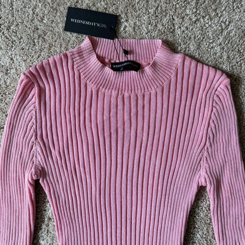 NWT ASOS Pink Ribbed Long Sleeve Mini Dress - Wednesday’sGirl in XXS High Neck